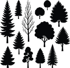 Tree silhouette collection, diverse species, forest shapes, coniferous and deciduous, botanical elements, nature design, flat vector illustration, black trees © MdAzmol