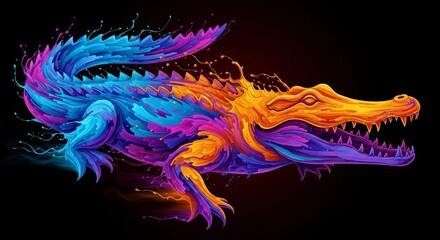A vibrant and colorful digital painting of a crocodile with a dynamic, artistic style against a black background.
