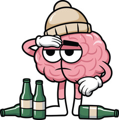 Cartoon brain hangover concept, tired expression, beer bottles, winter hat, alcohol effect, humorous design, flat vector illustration
