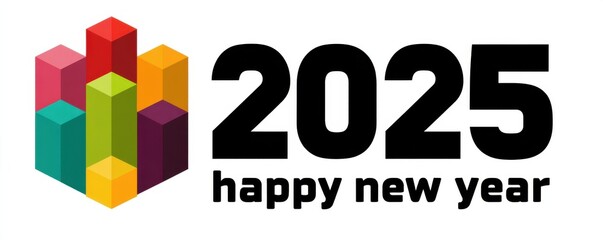 Colorful 3D cube logo with 2025 and Happy New Year text for festive branding