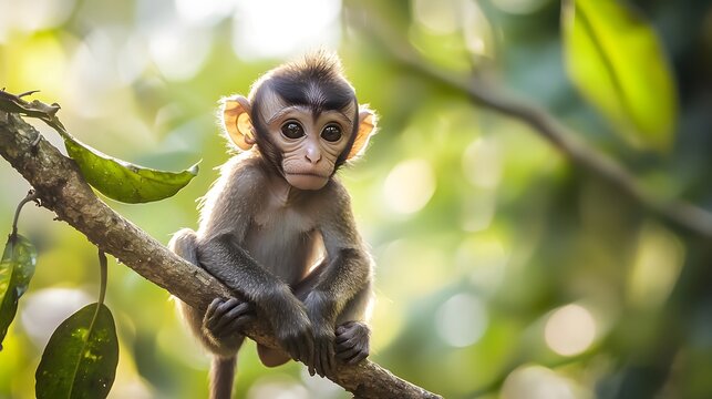 Playful young monkey perched on mossy branch high resolution picture