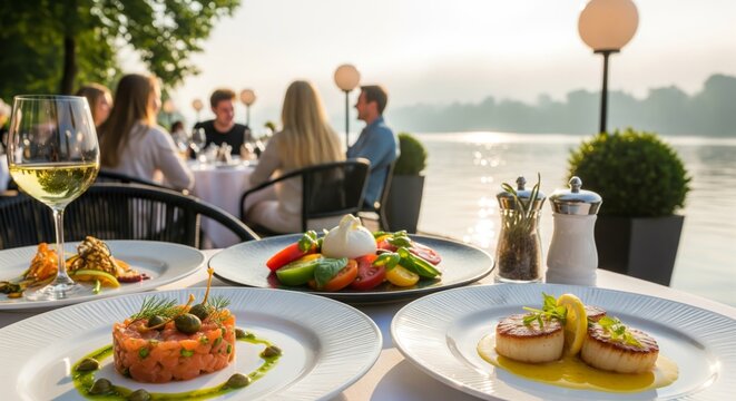 Outdoor dining scene with various dishes, drinks, and people enjoying the meal near water.