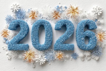Blue textured 2026 numbers surrounded by festive fireworks and snowflake decorations for celebration