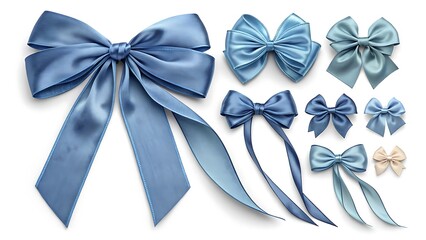 Collection of various blue satin bows in different sizes and styles for decoration and crafts on a white background