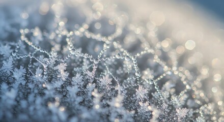 Close-up view of delicate frost crystals forming intricate patterns on a surface, illuminated by soft light.
