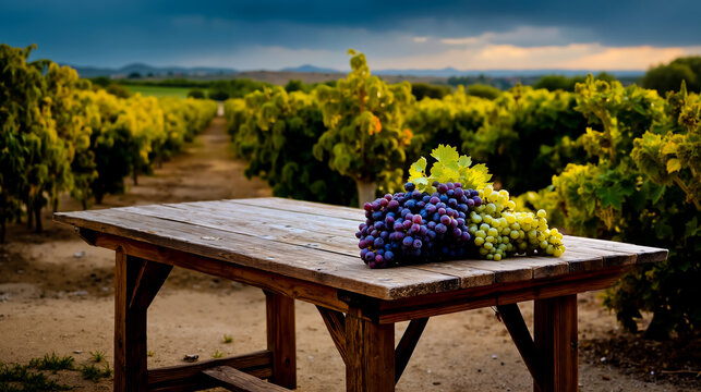 A wooden table with a bunch of grapes on it surrounded by vineyards - Powered by Adobe