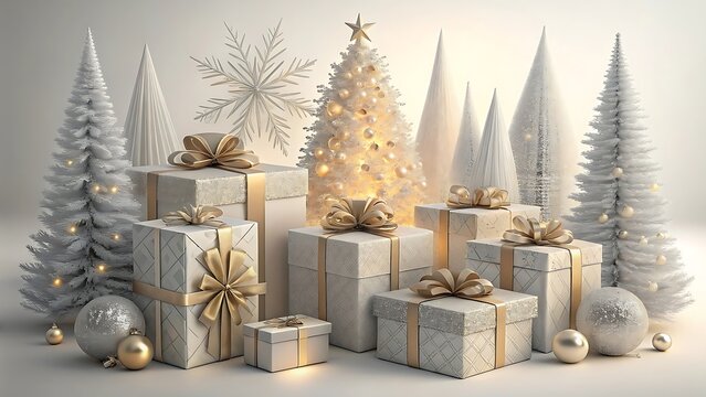 Elegant collection of white and gold christmas trees and wrapped gifts creating a festive holiday display