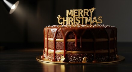 A delicious chocolate cake with caramel dripping, decorated for Christmas with a golden topper.