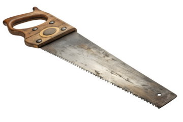 Old wooden handle hand saw isolated on transparent background