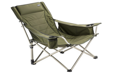 Comfortable green camping chair with cup holder isolated on transparent background