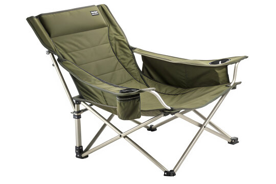 Comfortable green camping chair with cup holder isolated on transparent background