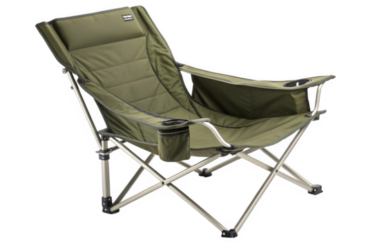 Comfortable green camping chair with cup holder isolated on transparent background