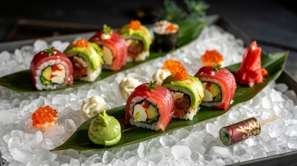 Luxurious sushi platter featuring tuna avocado rolls served on banana leaves and ice