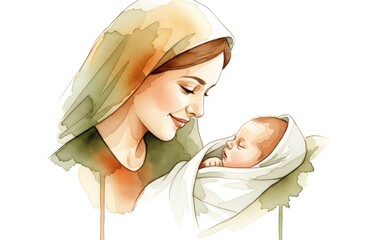 Watercolor illustration of a woman holding a baby, depicting a tender moment of motherhood.