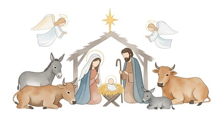 Watercolor illustration of the Nativity scene, depicting the birth of Jesus Christ.