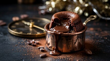 Decadent chocolate lava cake spilling melted fudge in a copper ramekin next to a clock