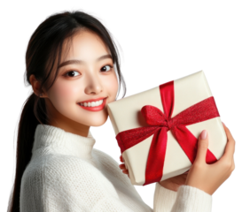 PNG An Asian woman is hugging her Christmas present photography background sweater.