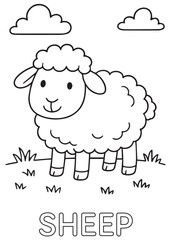 Obraz premium Coloring book sheep standing on grass under the clouds, perfect for animal learning pages.