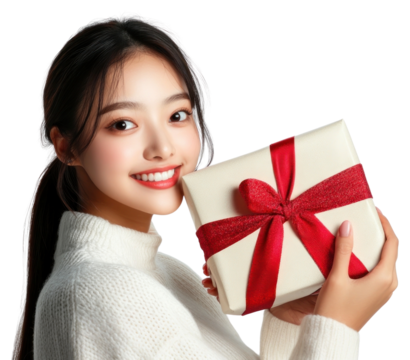 PNG An Asian woman is hugging her Christmas present photography background sweater.