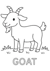 Coloring book goat standing in a grassy field, perfect for children's coloring practice.