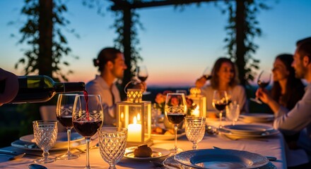 Evening outdoor dinner party with friends, wine, candles, and a beautiful sunset.