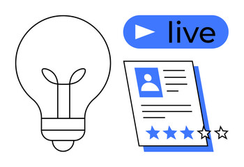 Lightbulb, live streaming badge, profile card with photo and star ratings represent creativity, innovation, online activity, professional reviews, and media engagement. Ideal for creativity