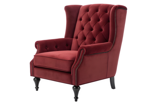 Elegant deep red velvet wingback armchair isolated on transparent background
