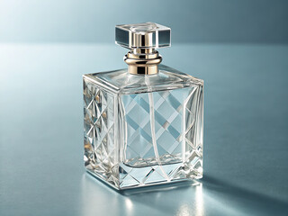 Luxury blue glass perfume bottle isolated on white featuring a transparent sprayer and scented cosmetic liquid fragrance