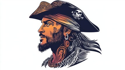 A striking illustration of a pirate, showcasing intricate tattoos and a classic hat, embodying adventurous spirit.