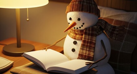 A charming snowman, adorned with a scarf and hat, engrossed in reading a book under a warm lamp's glow.