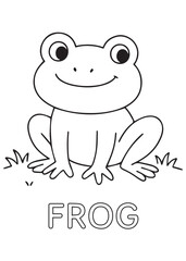Coloring book smiling frog sitting happily, perfect for children exploring nature animals.