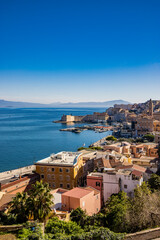 Gaeta, Latina, Lazio, Italy. A splendid view of the city. The ancient village with its houses overlooking the sea, seen from the top. The Angevin Castle at the top. The harbor with its moored boats.