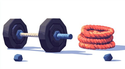 A vivid illustration of a dumbbell and a coiled rope, symbolizing strength training and fitness preparation.