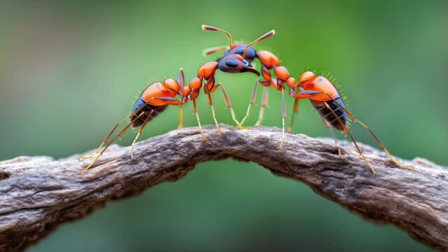 two red ants communicating with antennae on tree branch macro wildlife video showing insect interaction and social behavior in nature