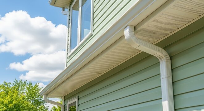 A view of a house with a white gutter against a blue sky, showcasing the architectural details and the importance of proper drainage for home maintenance and protection from water damage