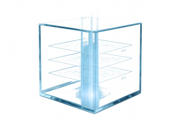 A conceptual visualization of AI as a glowing layered cube. Perfect for tech, innovation, analytics and artificial intelligence communication.