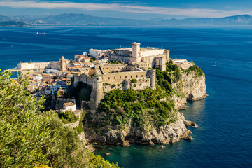 Gaeta, Latina, Lazio, Italy. A splendid view of the city from the top of Monte Orlando. The imposing Angevin-Aragonese castle dominates the ancient village overlooking the sea from the clifftop.