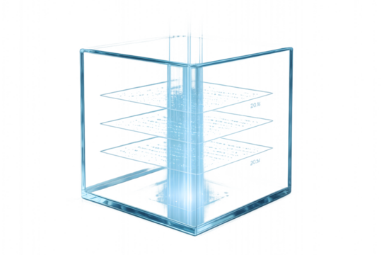 A conceptual visualization of AI as a glowing layered cube. Perfect for tech, innovation, analytics and artificial intelligence communication.