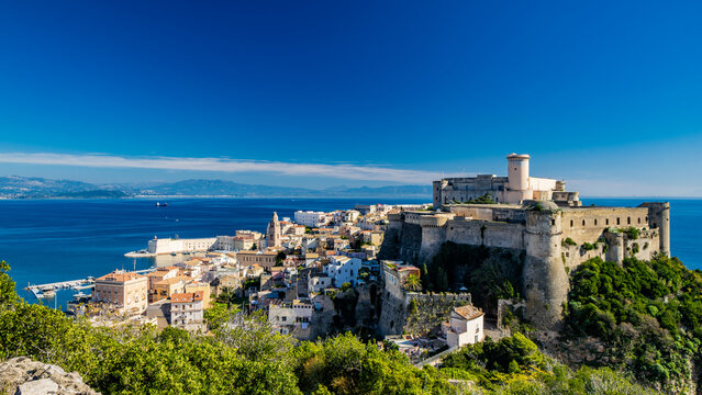 Gaeta, Latina, Lazio, Italy. A splendid view of the city from the top of Monte Orlando. The imposing Angevin-Aragonese castle dominates the ancient village overlooking the sea from the clifftop.