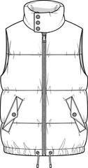 Sleeveless padded vest, technical fashion sketch, winter outerwear design, zipper front, flap pockets, high collar, drawstring hem, flat vector illustration