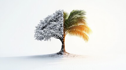 A unique tree split in two, displaying winter and summer seasons, showcasing contrasting beauty of nature.
