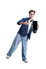 Tech-Savvy Individual Showcasing Modern Gadget: A young and enthusiastic individual proudly presents the sleek screen of a modern mobile device.