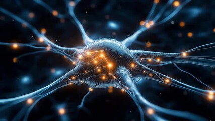 glowing neuron network transmitting electrical impulses in brain synapses microscopic biological animation of neural activity and communication - Powered by Adobe