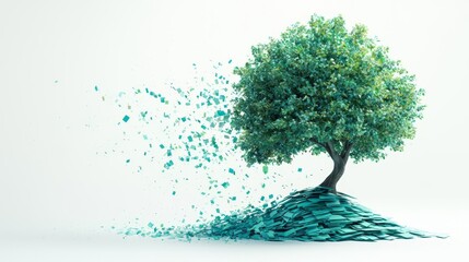 A vibrant tree dissolving into colorful particles, symbolizing transformation and the beauty of nature.