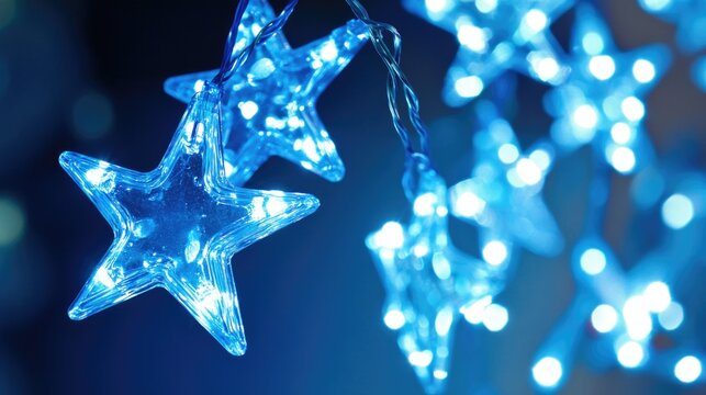 A close-up of blue lights and star decorations, evoking a festive atmosphere