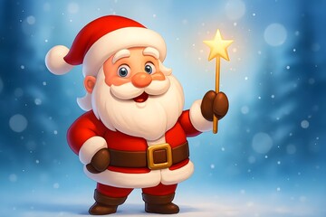 Jolly Cartoon Santa Holding Magic Stick on Blurred Blue Winter Christmas Background