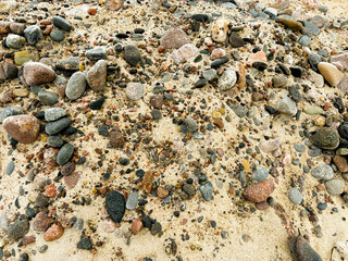 Natural Beach Pebbles and Sand Texture with Mixed Coastal Stones and Organic Shoreline Details