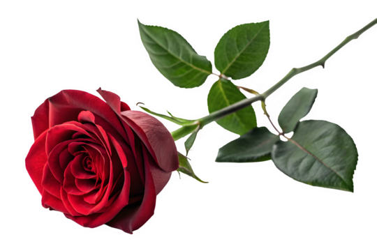 Single red rose with green leaves isolated on transparent background - Powered by Adobe