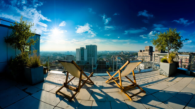 A sunny day with two wooden lounge chairs facing a city skyline with a clear blue sky and some clouds