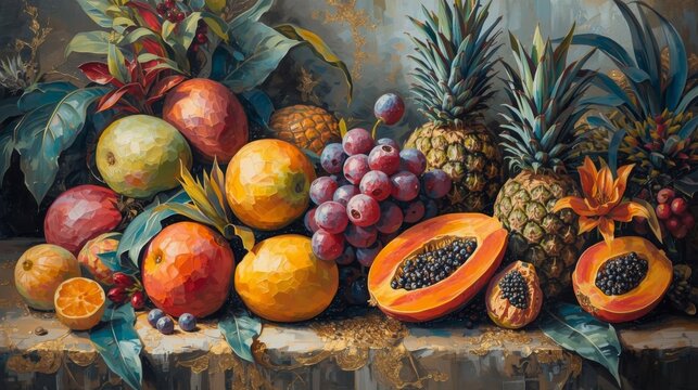 Art painting, textured acrylic artwork, tropical fruits still life with golden potal accents, vibrant summer palette, artistic luxury composition